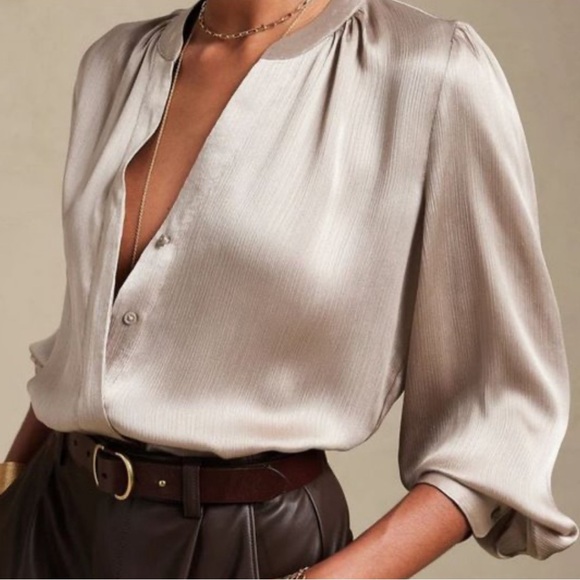 Banana Republic Tops - Banana Republic NWT Satin Shirred Neck Blouse in Beechwood
